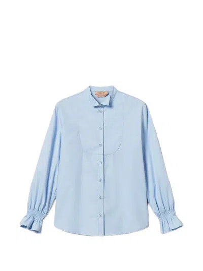 Twinset Poplin Shirt With Ruffles In Blue