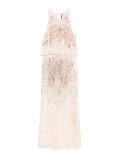Twinset Powder Pink Long Dress With Floral Print In Neutral