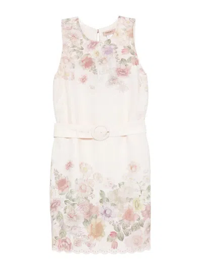 Twinset Powder Pink Short Dress With Floral Print In White