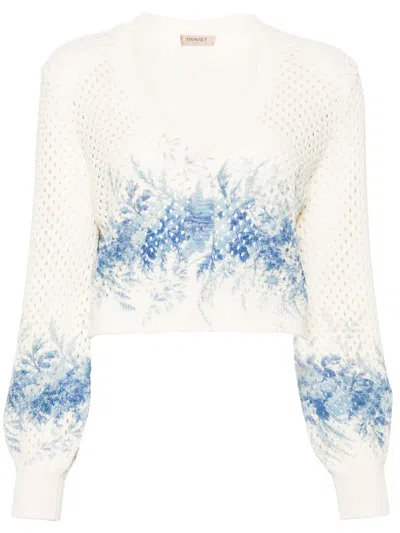 Twinset Press-stud Open-knit Cardigan In Neutrals