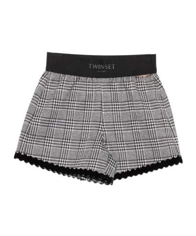 Twinset Prince Of Wales Check Scalloped-trim Shorts In Gray