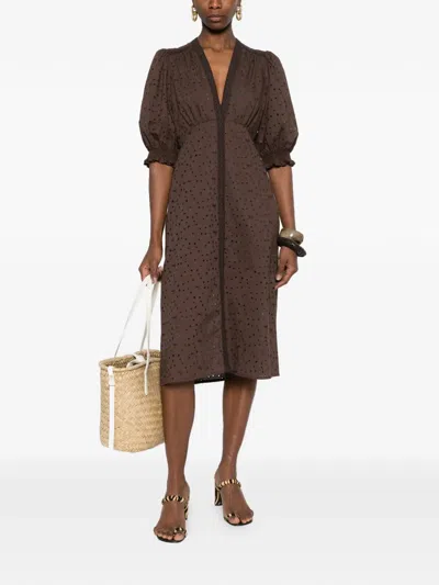 Twinset Puff-sleeve Midi Dress In Brown