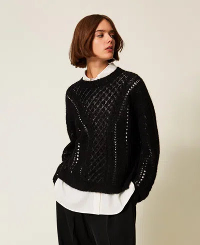 Twinset Pull Ajouré En Mohair Mélangé In Black