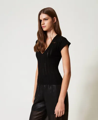 Twinset Pull Ajusté Côtelé In Black