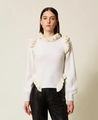 Twinset Pull Ajusté En Laine Mélangée Avec Volants In Neutral