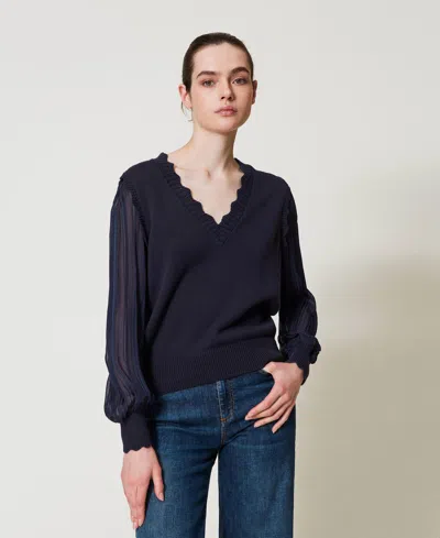 Twinset Pull Avec Manches En Crépon Rayé In Blue