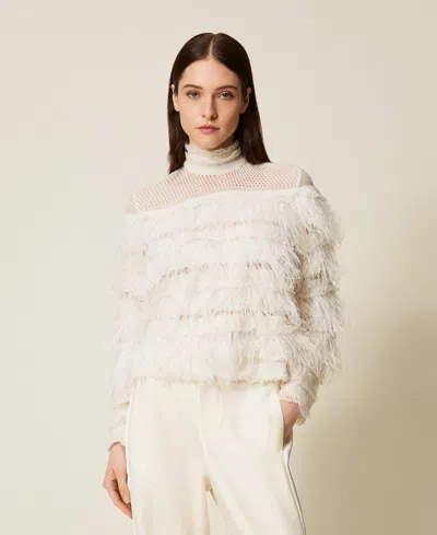 Twinset Jumper With Ruffles And Feathers In White