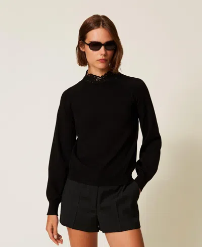 Twinset Pull Col Montant Avec Dentelle In Black