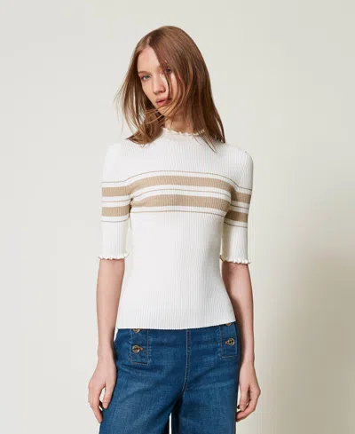 Twinset Pull Col Montant Côtelé Avec Rayures Lurex In White
