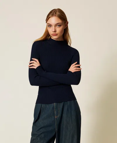 Twinset Wool Rib Knit Turtle Neck Jumper In Blue