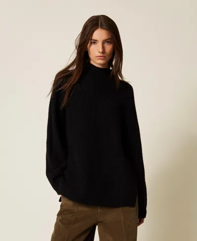 Twinset Pull Col Montant En Laine Mélangée Avec Oval T In Black