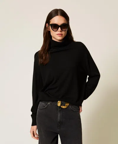 Twinset Pull Col Roulé Avec Lurex Et Torsade In Black