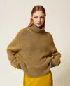 Twinset Pull Col Roulé En Laine Mélangée Vanisée In Brown