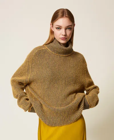Twinset Pull Col Roulé En Laine Mélangée Vanisée In Brown