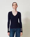 Twinset Pull Côtelé Avec Rayures Lurex In Blue