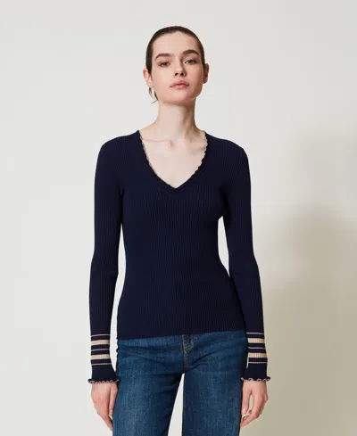 Twinset Pull Côtelé Avec Rayures Lurex In Blue