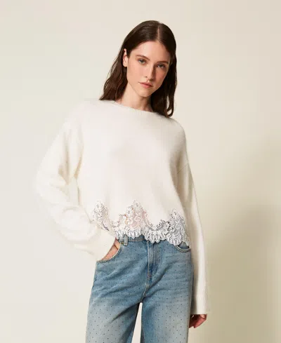 Twinset Angora Jumper With Embroidery And Lace In Neutral