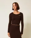 Twinset Cropped Long-sleeved Sweater With Fuzzy Texture In Black