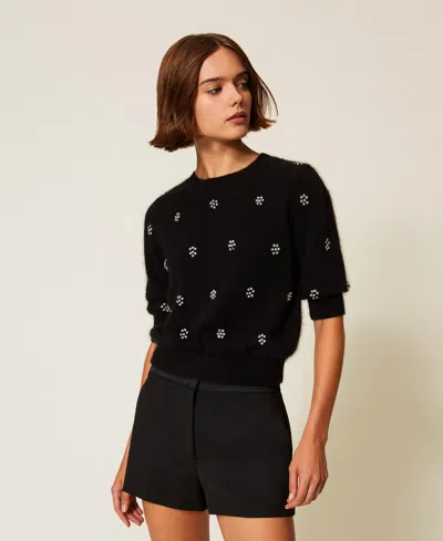 Twinset Angora Blend Jumper With Embroidery In Black