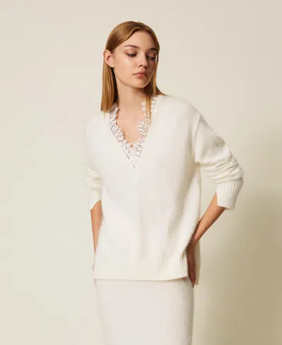 Twinset Angora Blend Jumper With Lace In White