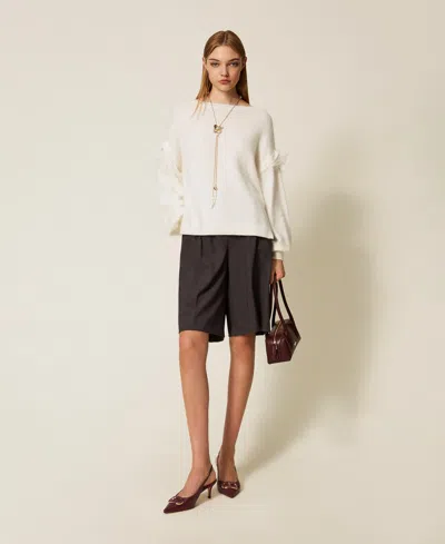 Twinset Angora Blend Jumper With Feathers In Neutral