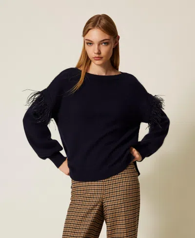 Twinset Angora Blend Jumper With Feathers In Black