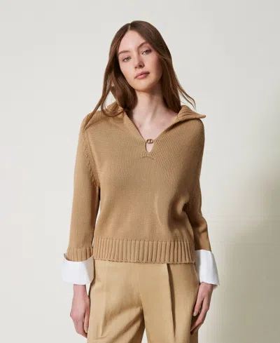 Twinset Pull En Coton Et Popeline In Brown