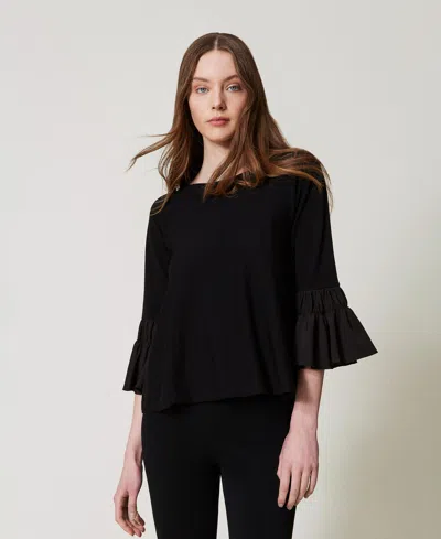 Twinset Pull En Coton Mélangé Avec Volants In Black