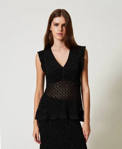 Twinset Pull En Fil Lurex Avec Volants In Black