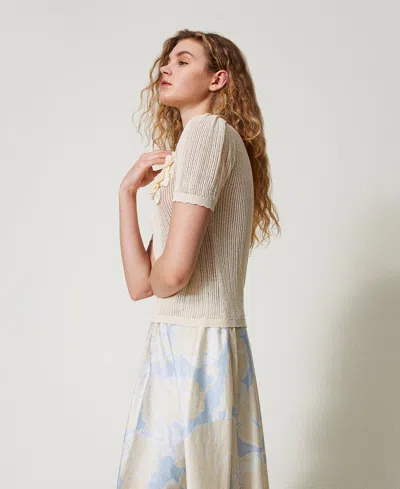 Twinset Pull En Filet Avec Fleurs Au Crochet In Neutral
