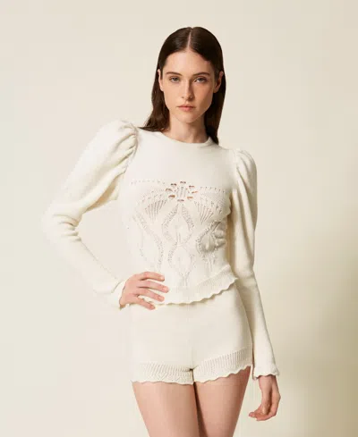 Twinset Pull En Laine Mélangée Avec Crochet In White