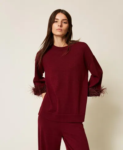 Twinset Pull En Laine Mélangée Avec Plumes In Red