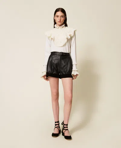 Twinset Pull En Laine Mélangée Avec Volant Et Dentelle In White