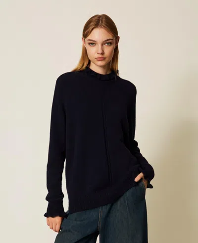 Twinset Wool Blend Jumper With Ruffles In Blue