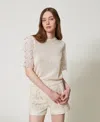 Twinset Pull En Lin Mélangé Avec Manches Jacquard In Neutral