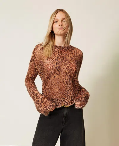 Twinset Pull En Mohair Mélangé Animalier In Brown