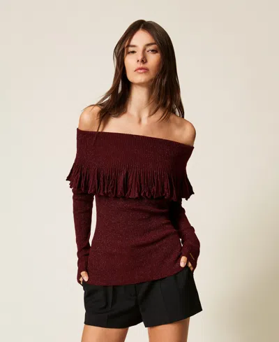 Twinset Pull Épaules Dénudées Avec Volant In Burgundy