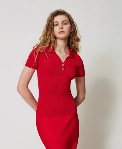 Twinset Pull Polo Côtelé In Red