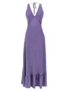 Twinset Twin-set Deep V-neck Maxi Dress With Flounced Hem In Purple