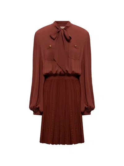 Twinset Pussy-bow Pleated Mini Dress In Brown