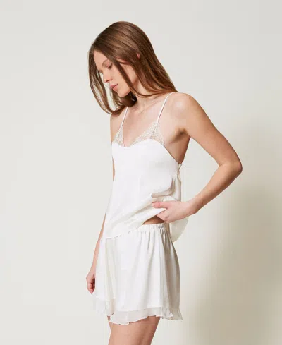 Twinset Pyjama Court En Satin Avec Dentelle In White