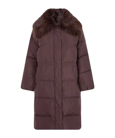 Twinset Quilted Down Jacket With Faux Fur Collar In Purple