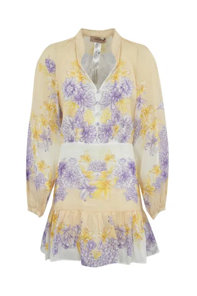 Twinset Ramie Floral Dress In Lavander Yellow