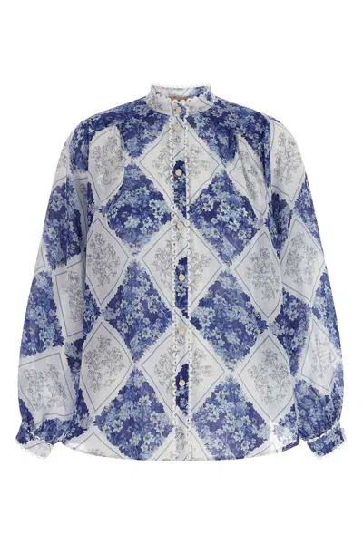 Twinset Blue High Neck Shirt With All-over Floral Motif In Fabric Woman In Multi