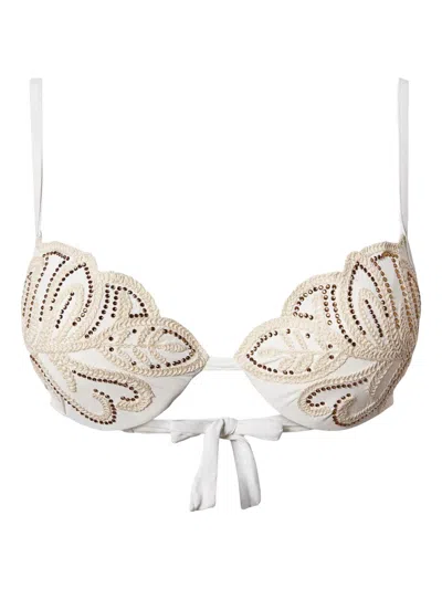 Twinset Rhinestone-embellished Embroidered Bikini Top In White