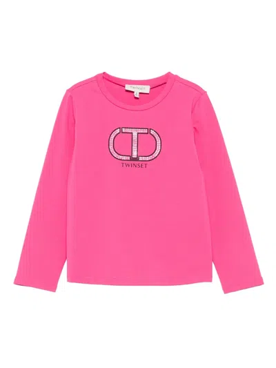 Twinset Kids' Rhinestone-embellished Long-sleeve T-shirt In Pink