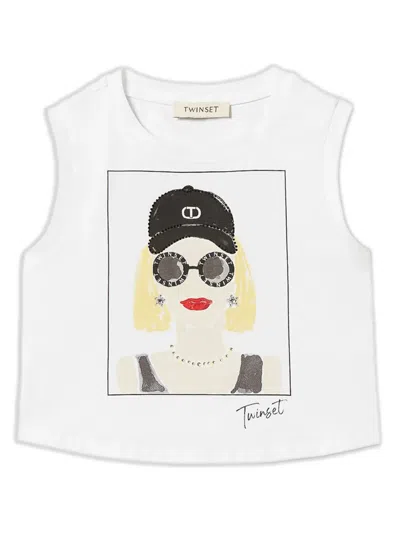 Twinset Kids' Rhinestone-embellished Printed Tank Top In White