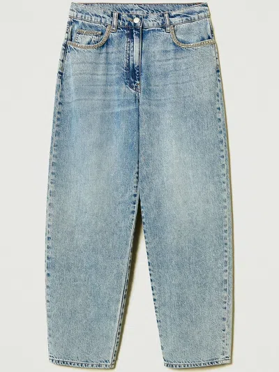 Twinset Rhinestone-embellished Tapered Jeans In Blue