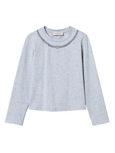 Twinset Kids' Rhinestone Necklace T-shirt In Grey