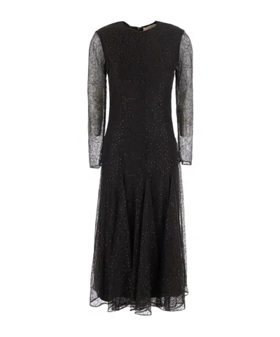 Twinset Rhinestoneembellished Lace Longsleeve Midi Dress In Black